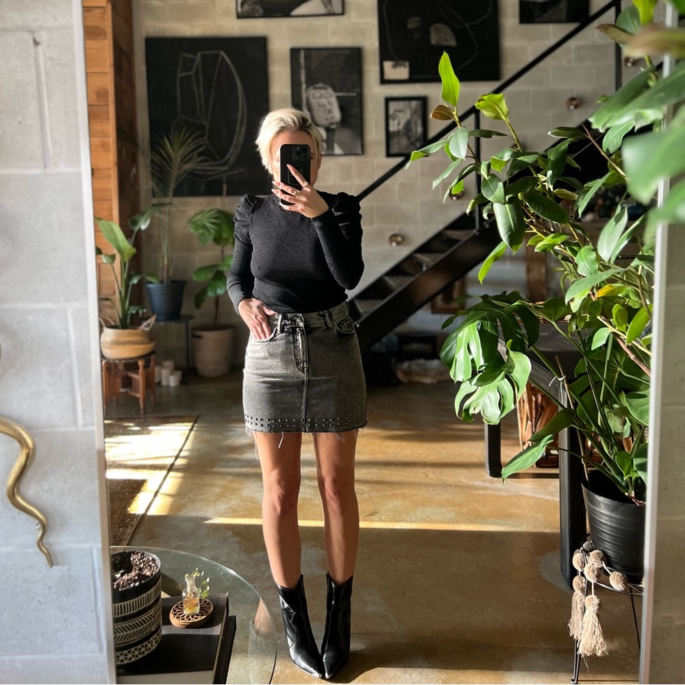 All Saints grey denim skirt w/ studding detailing